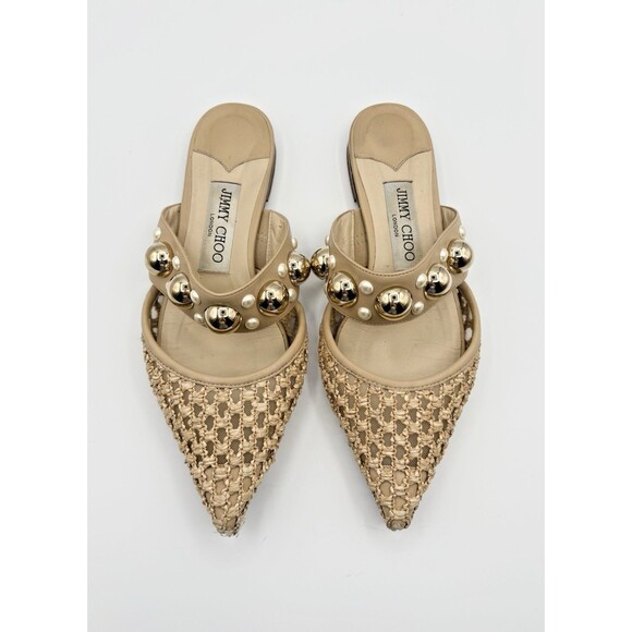 Jimmy Choo Basette Flats Beige/Nude Raffia w/ Gold Metal Embellishments Sz EU 36 - Picture 3 of 9